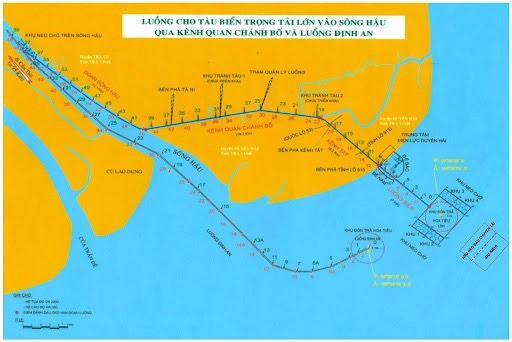 Sơ đồ luồng cho tàu biển trọng tải lớn vào sông Hậu qua kênh Quan Chánh Bố và luồng Định An.