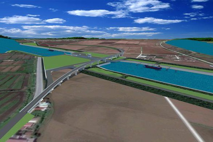 Phối cảnh cụm công trình kênh đào, âu tàu, cầu vượt kênh đào nối sông Đáy và Ninh Cơ cho tàu đến 3.000 tấn giảm tải lưu thông
