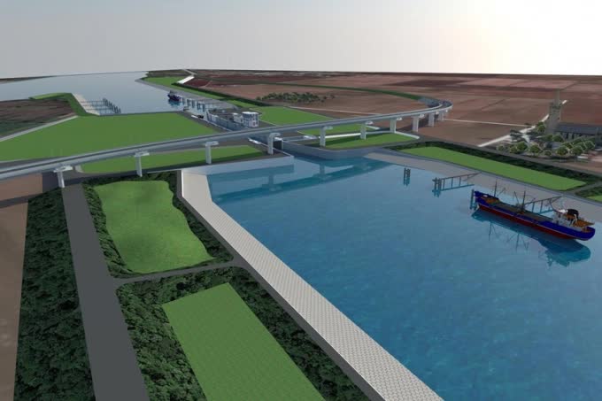 Phối cảnh cụm công trình kênh đào, âu tàu, cầu vượt kênh đào nối sông Đáy và Ninh Cơ cho tàu đến 3.000 tấn giảm tải lưu thông