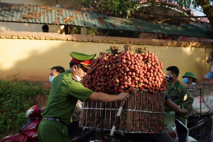 Lực lượng công an hỗ trợ người dân chở vải thiều đến các điểm thu mua.