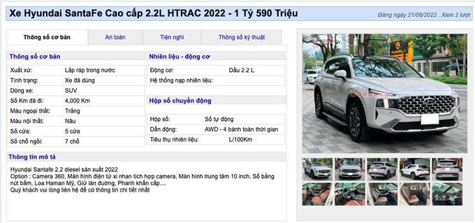 Chiếc Hyundai SantaFe chạy lướt 4.000 km có giá chào bán cao hơn giá niêm yết đến 250 triệu. (Ảnh: Bonbanh.com)

