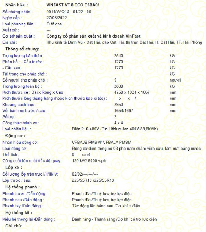 Thông số kỹ thuật của VinFast VF8 Eco theo dữ liệu của Cục Đăng kiểm Việt Nam.

