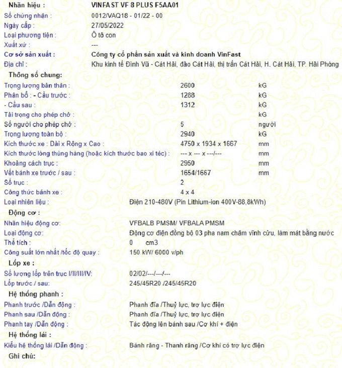 Thông số kỹ thuật của VinFast VF8 Plus theo dữ liệu của Cục Đăng kiểm Việt Nam.
