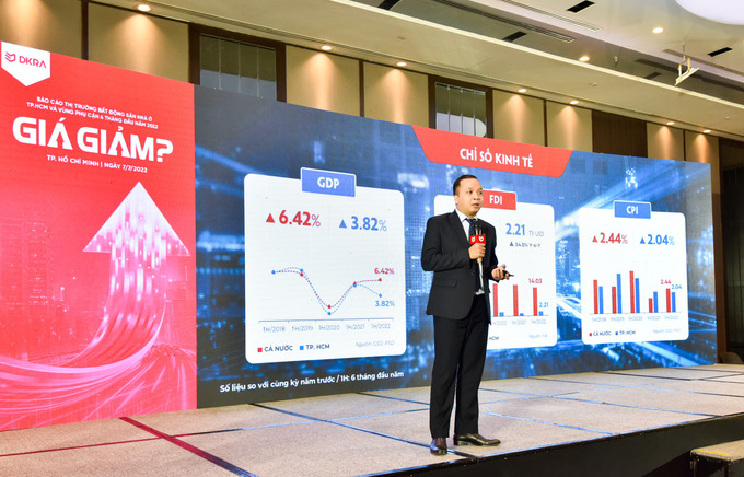 Ông Võ Hồng Thắng - Phó Giám đốc R&D DKRA Việt Nam trình bày diễn biến thị trường bất động sản Nhà ở TP.HCM và vùng phụ cận 6 tháng đầu năm 2022.