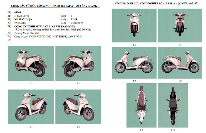 Hình ảnh đăng kí kiểu dáng công nghiệp của xe máy điện Dat Bike  