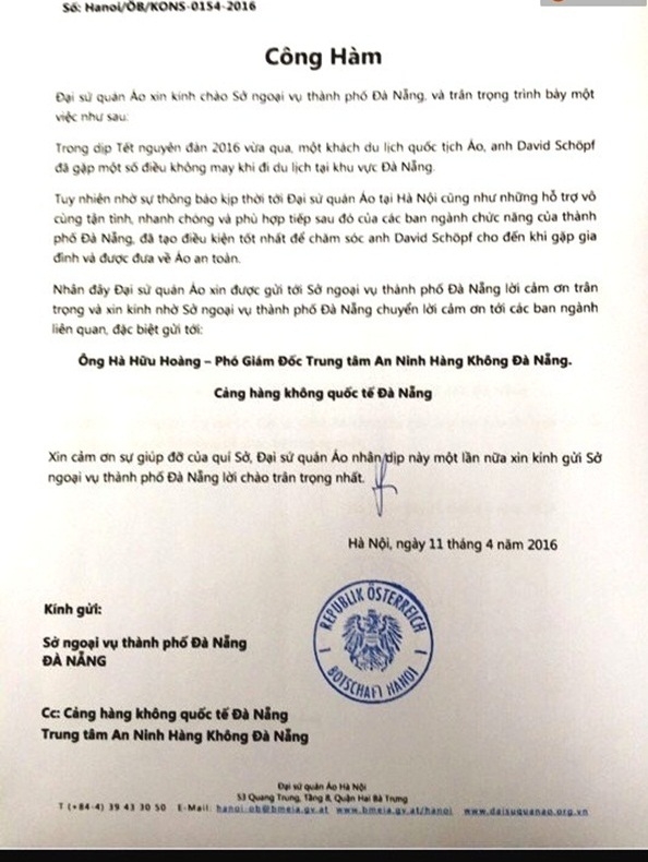 Đại sứ quán Áo gửi công hàm cảm ơn lãnh đạo sân ba