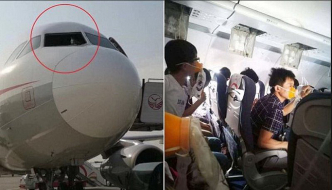 Cơ phó Trung Quốc bị hút suýt văng ra ngoài khi má