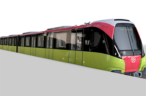 Tàu điện Nhổn - ga Hà Nội có gam màu xanh và đỏ hồ