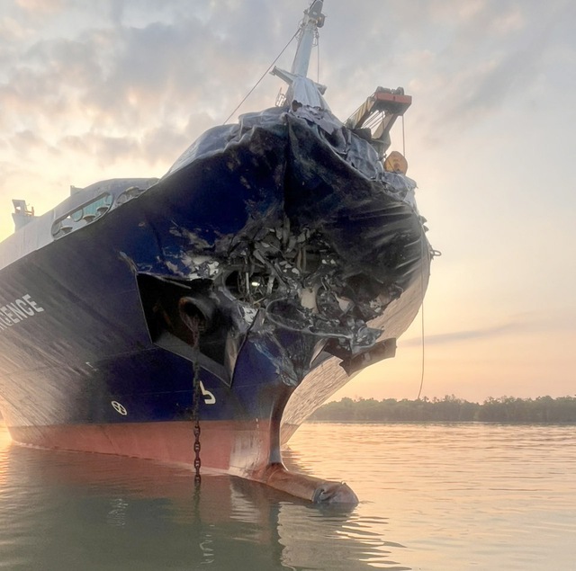 TP.HCM: Hai tàu chở container đâm nát đầu trên sông Lòng Tàu - Ảnh 1.