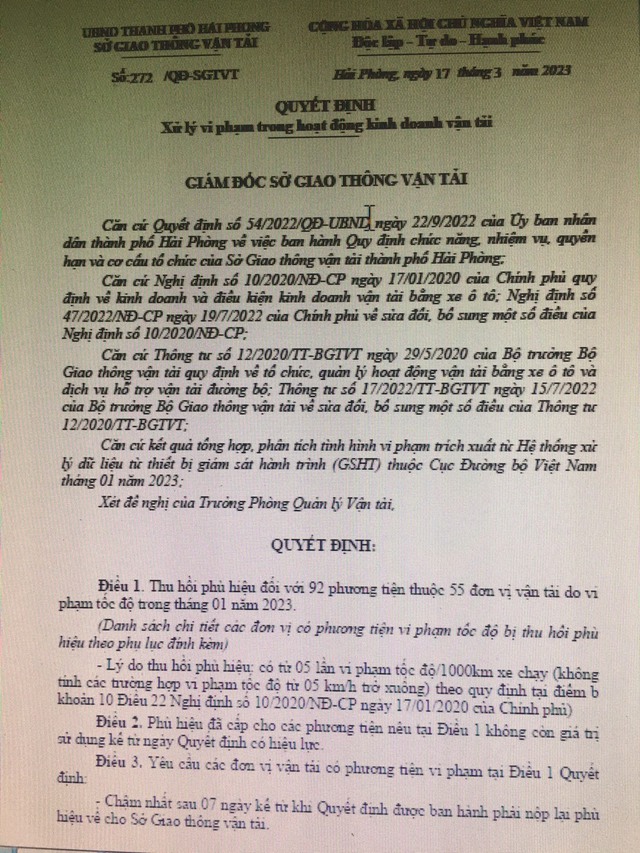 Hải Phòng thu hồi phù hiệu 92 phương tiện vi phạm tốc độ - Ảnh 2.