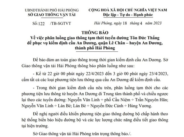 Hải Phòng phân luồng giao thông tạm thời phục vụ kiểm định cầu An Dương - Ảnh 1.