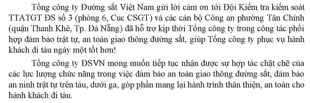 Đường sắt Việt Nam có thư cảm ơn lực lượng CSGT đã kịp thời ngăn chặn hành vi gây rối trật tự trên tàu SE2- Ảnh 2. Đường sắt Việt Nam có thư cảm ơn lực lượng CSGT đã kịp thời ngăn chặn hành vi gây rối trật tự trên tàu SE2- Ảnh 2.