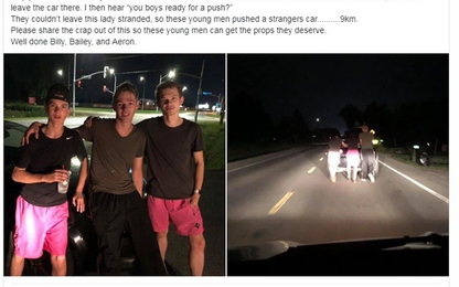 3 thiếu niên đẩy xe hỏng suốt 8 cây số giúp một phụ nữ
